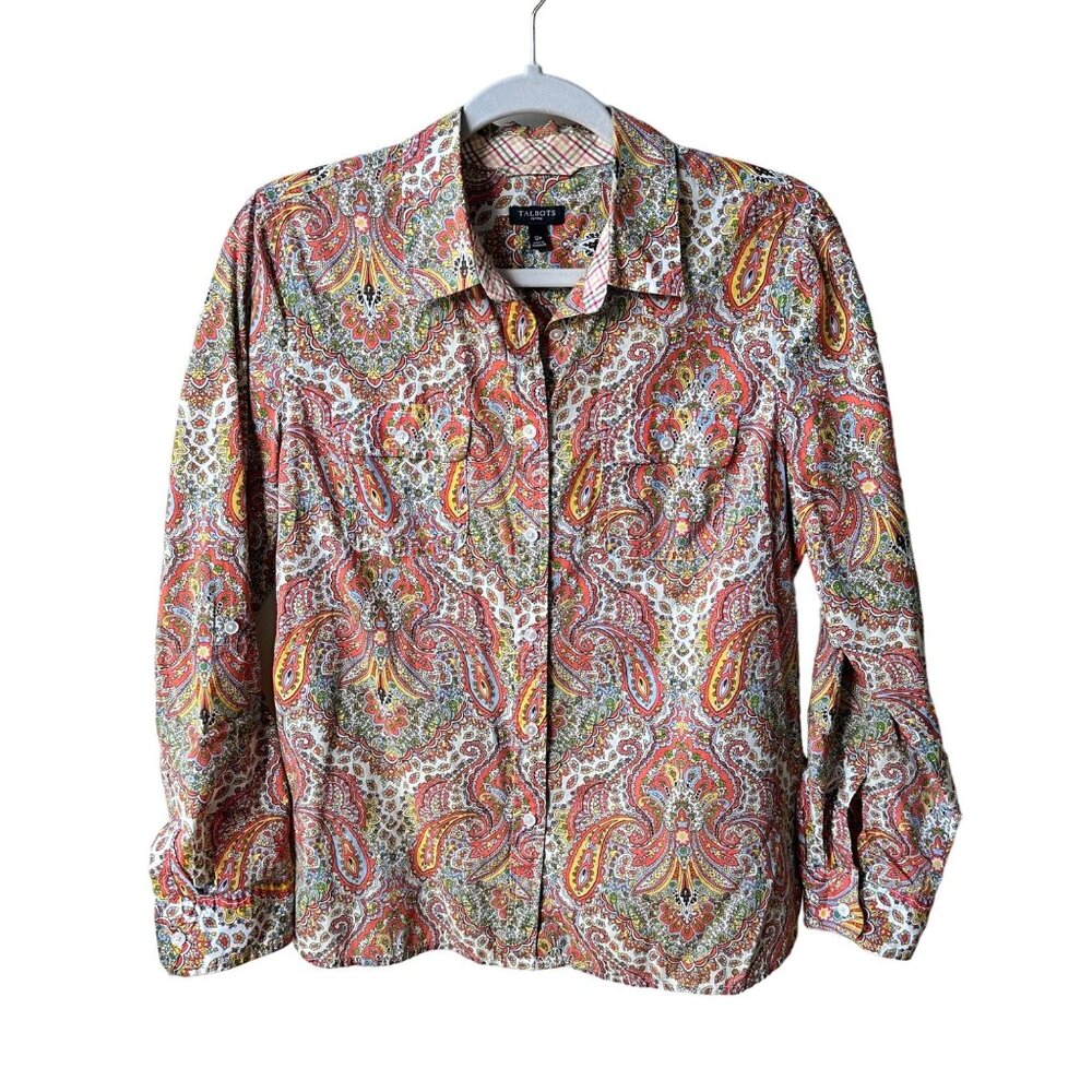 Talbots Western Aztec Boho Artsy Button Blouse Top Womens Size 12 Petite